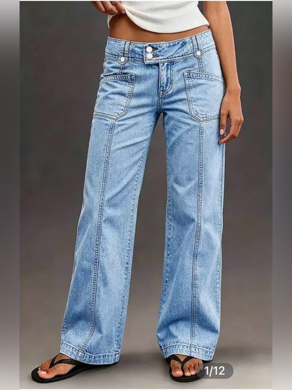 Flamingals Wash Asymmetrical Stitch Detail Mid Waist Straight Leg Jeans